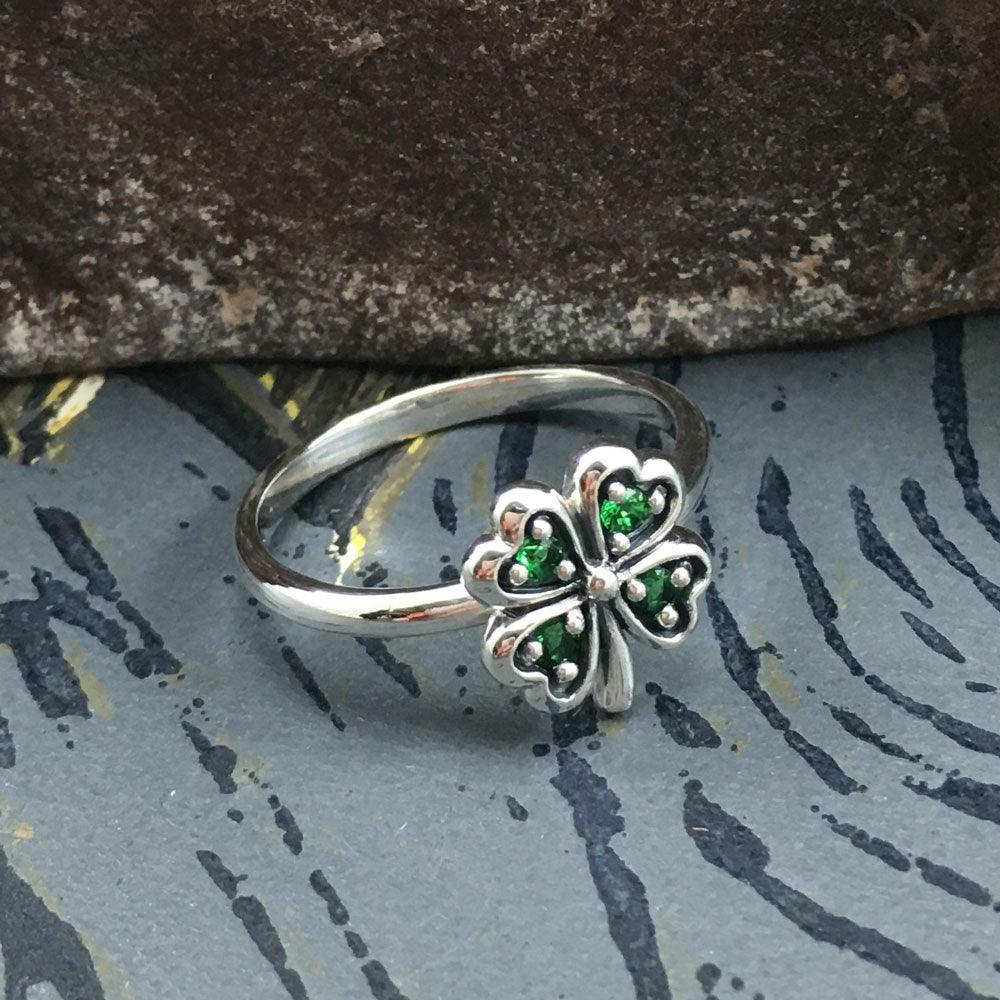 Lucky Four Leaf Clover Silver Ring with Gemstone TRI1934 - Jewelry