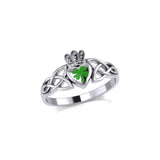 Celtic Claddagh with Lucky Four Leaf Clover Sterling Silver Ring with Enamel TRI1937