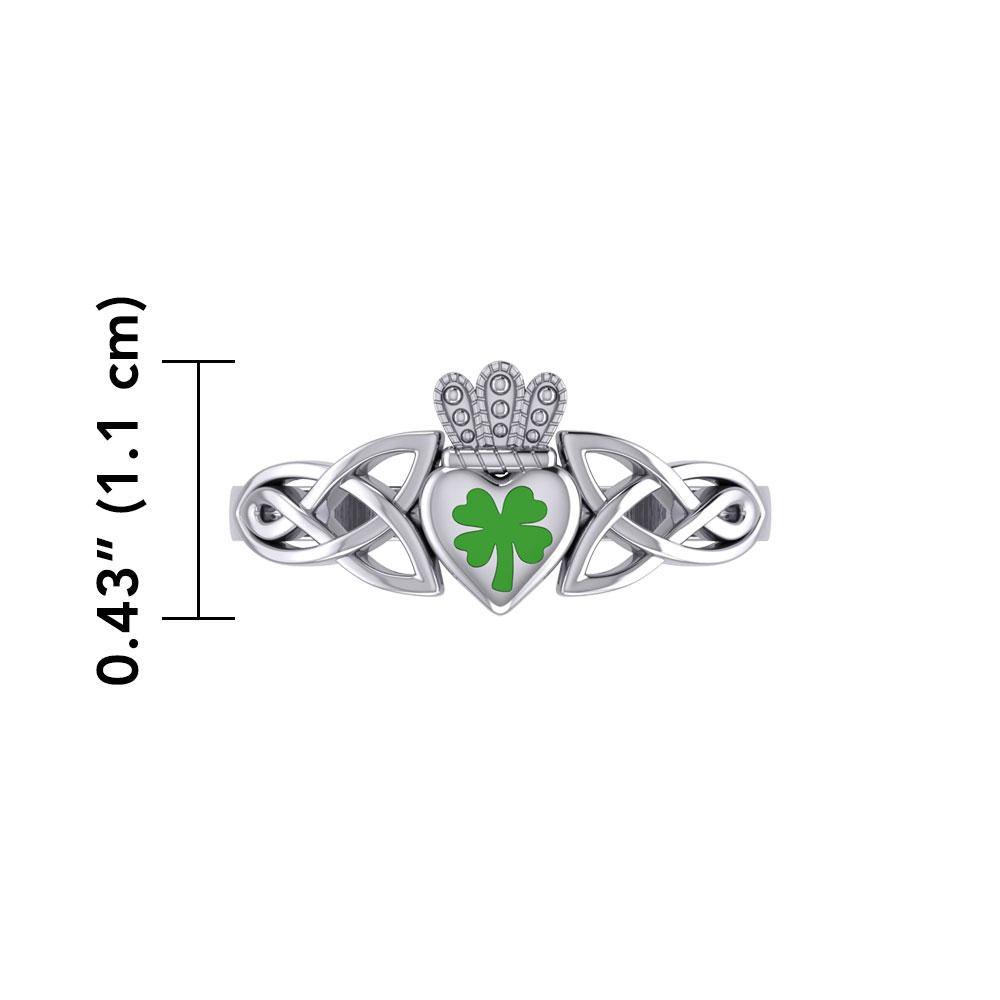 Celtic Claddagh with Lucky Four Leaf Clover Silver Ring with Enamel TRI1937 - Jewelry