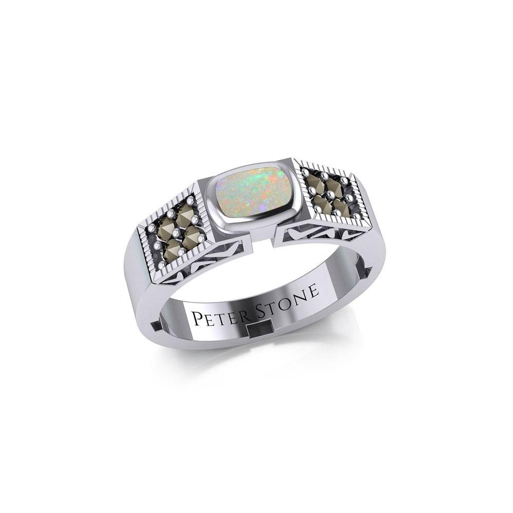 Modern Band Ring with Inlay Stone and Marcasite TRI1977 - Jewelry
