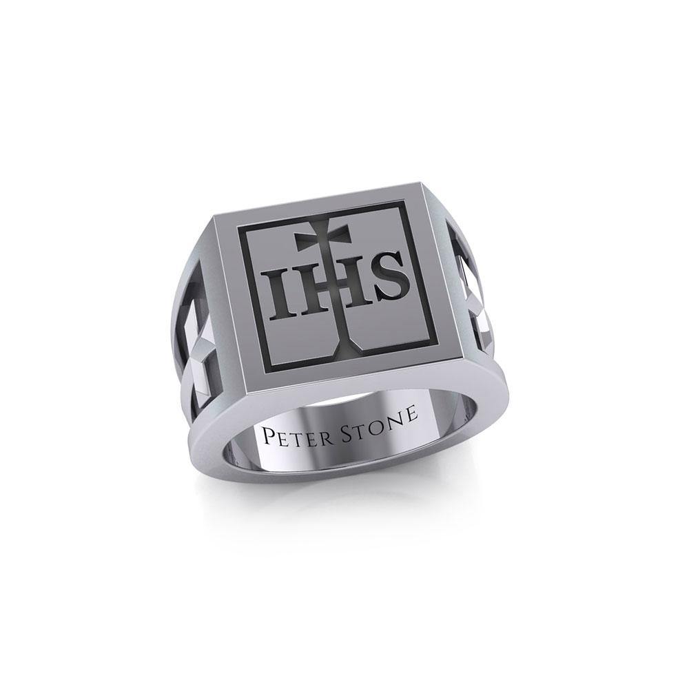 The I H S Cross Silver Signet Men Ring TRI1979 - Jewelry