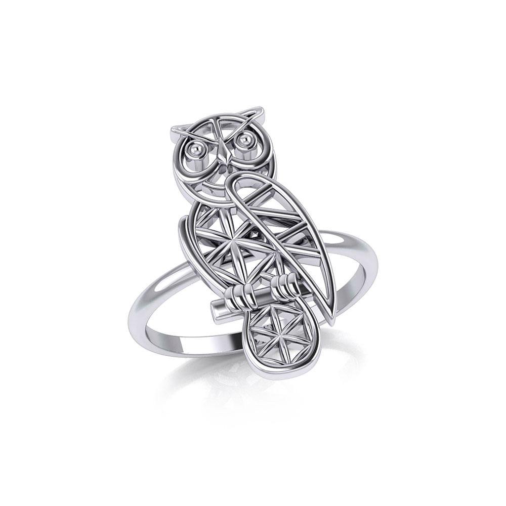 Silver Flower of Life Owl Ring TRI2123 - Jewelry