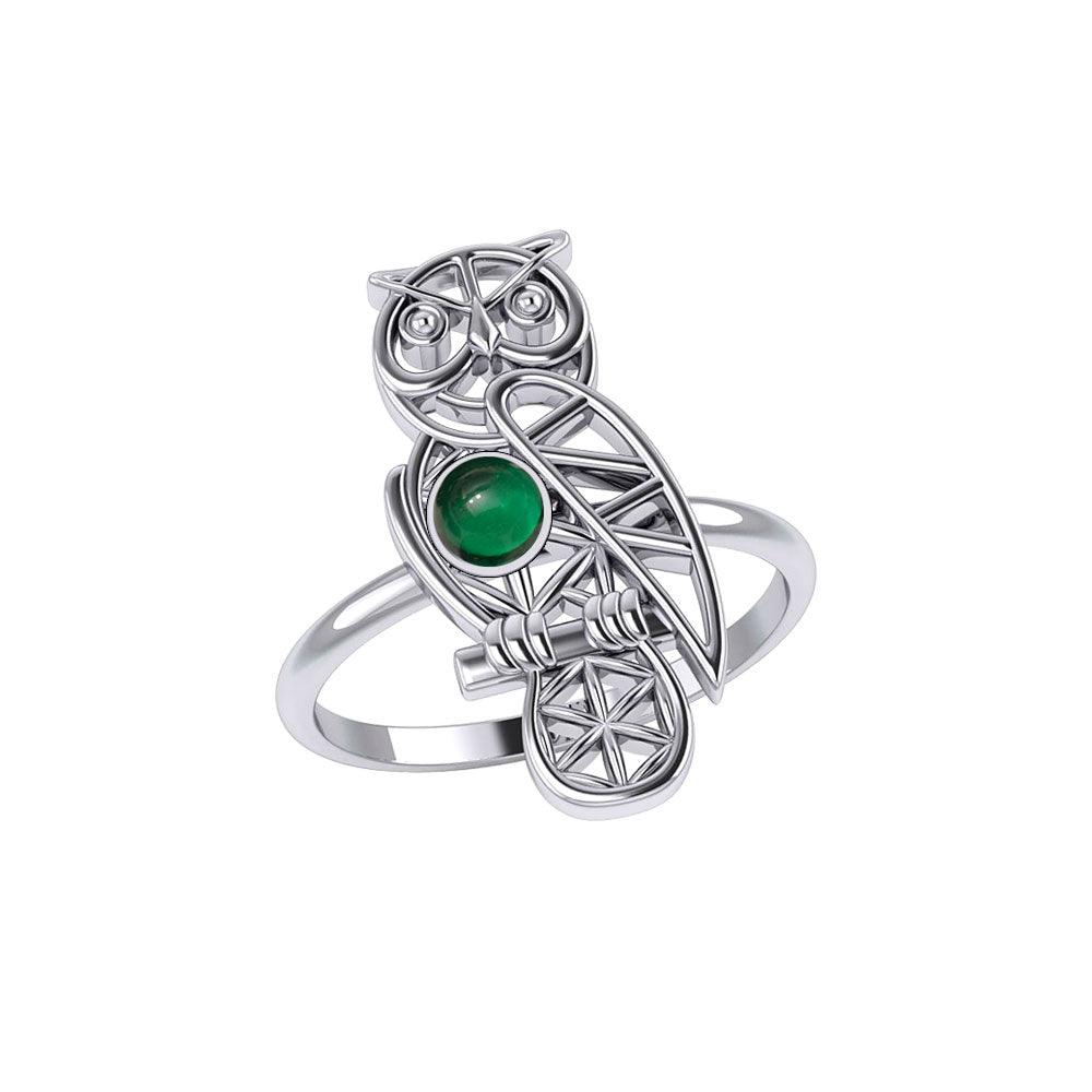 Silver Flower of Life Owl Ring With Gemstone TRI2407 - Jewelry