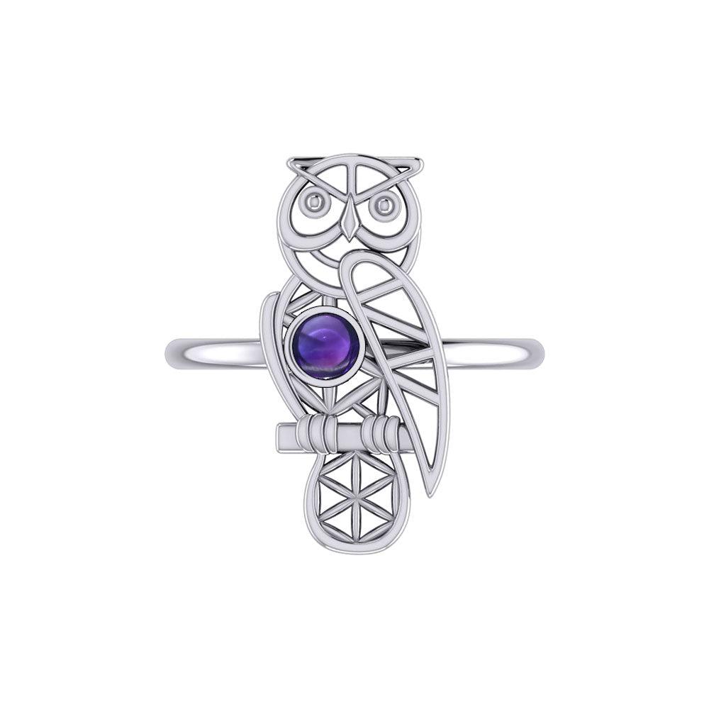 Silver Flower of Life Owl Ring With Gemstone TRI2407 - Jewelry