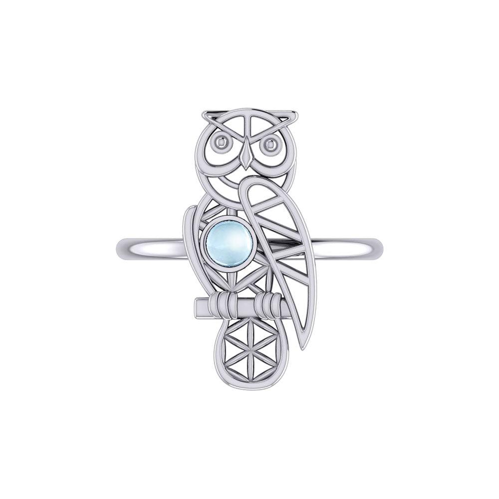 Silver Flower of Life Owl Ring With Gemstone TRI2407 - Jewelry