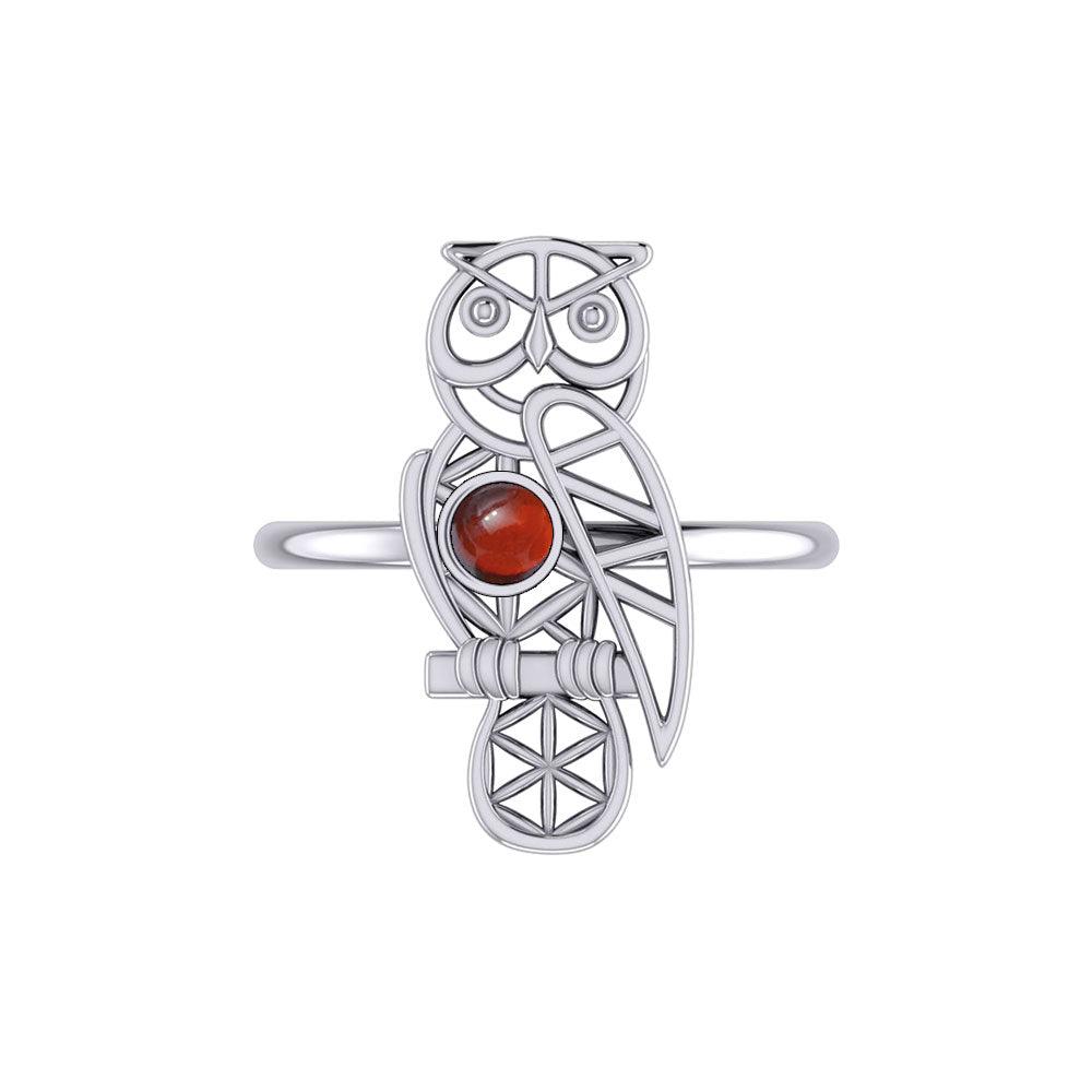 Silver Flower of Life Owl Ring With Gemstone TRI2407 - Jewelry