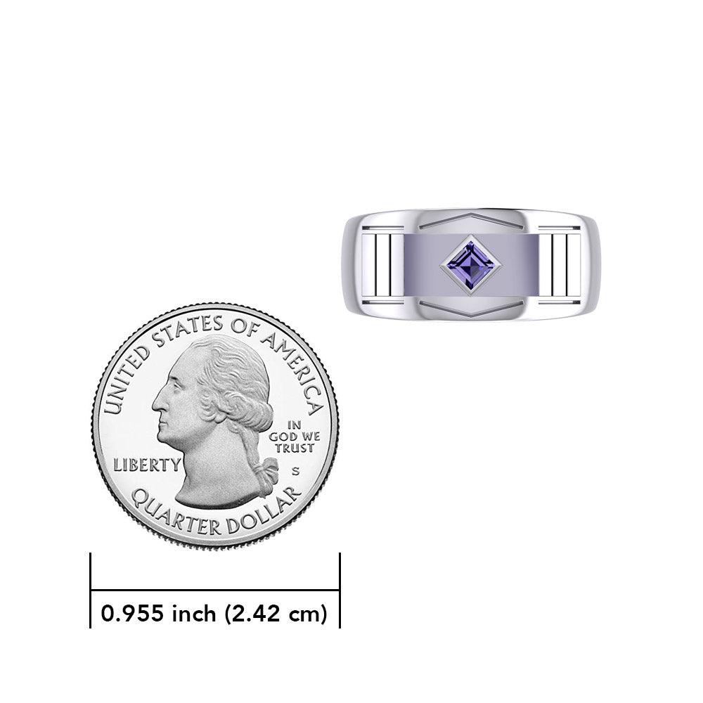 The Modern Silver Band Ring with Square Gemstone NA Symbol TRI2437-ENGRAVE - Jewelry