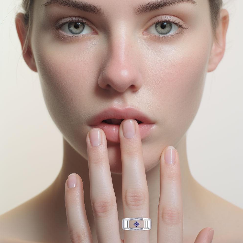 The Modern Silver Band Ring with Square Gemstone NA Symbol TRI2437-ENGRAVE - Jewelry