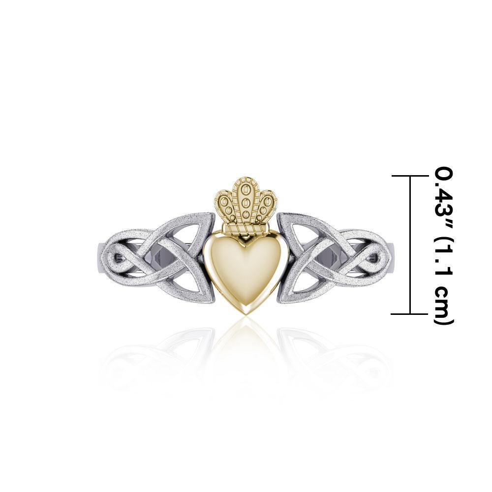 Celtic Knot Claddagh Silver with 14K Gold Accent & Sand brush Ring TRV1743-S - Jewelry