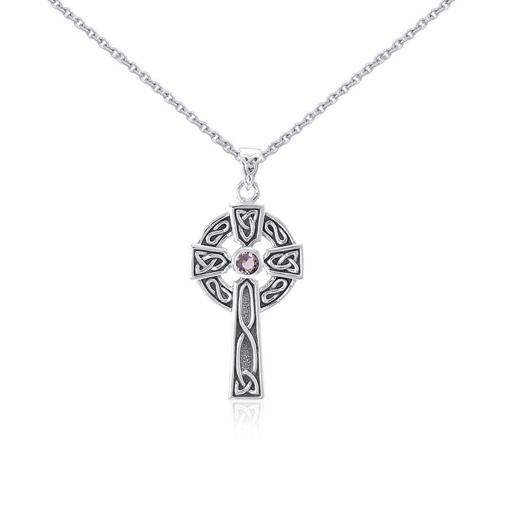 Large Silver Celtic Cross Gemstone Pendant and Chain Set TSE752 - Jewelry
