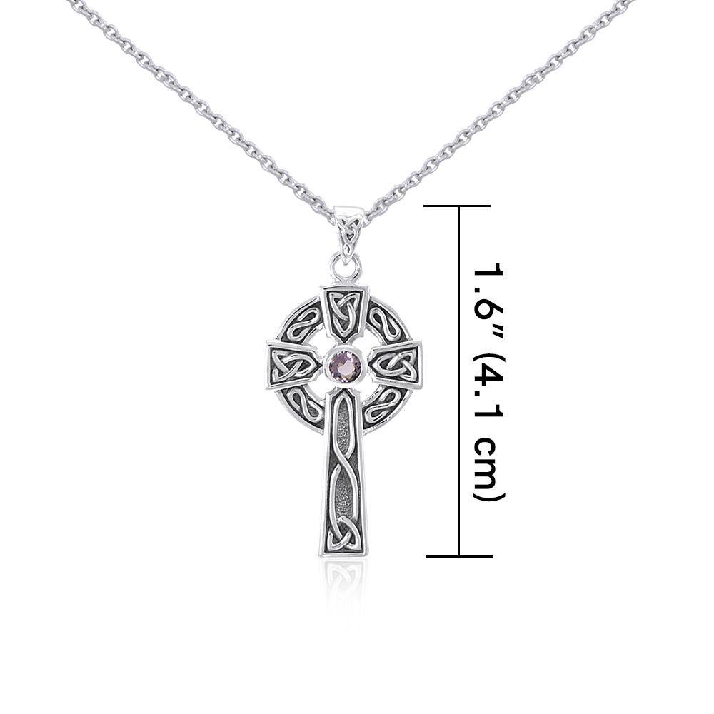 Large Silver Celtic Cross Gemstone Pendant and Chain Set TSE752 - Jewelry