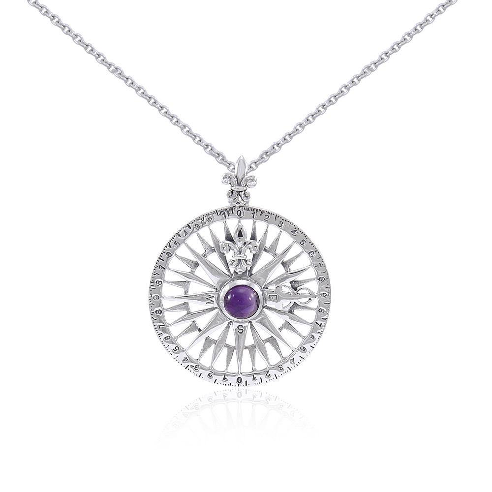 Silver Compass Rose Gemstone Pendant and Chain Set TSE764 - Jewelry
