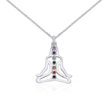 Silver Meditation Silhouette Chakra Gemstone Pendant and Chain Set TSE776 - Jewelry