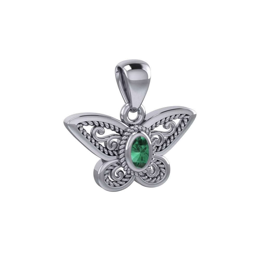 Life's colorful transformation ~ 14K White Gold Jewelry Butterfly Pendant with Gemstone WPD3685 - Jewelry