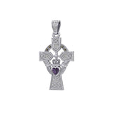 Celtic Cross and Irish Claddagh 14K White Gold Pendant with Heart Gemstone WPD5340 - Jewelry