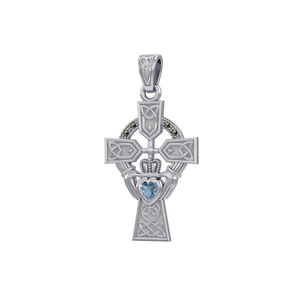 Celtic Cross and Irish Claddagh 14K White Gold Pendant with Heart Gemstone WPD5340 - Jewelry