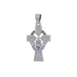 Celtic Cross and Irish Claddagh 14K White Gold Pendant with Heart Gemstone WPD5340 - Jewelry