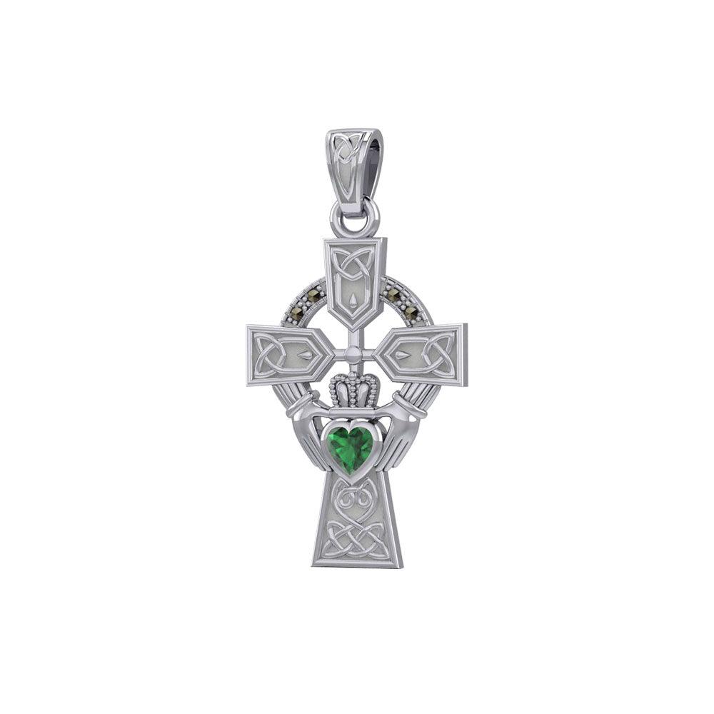 Celtic Cross and Irish Claddagh 14K White Gold Pendant with Heart Gemstone WPD5340 - Jewelry