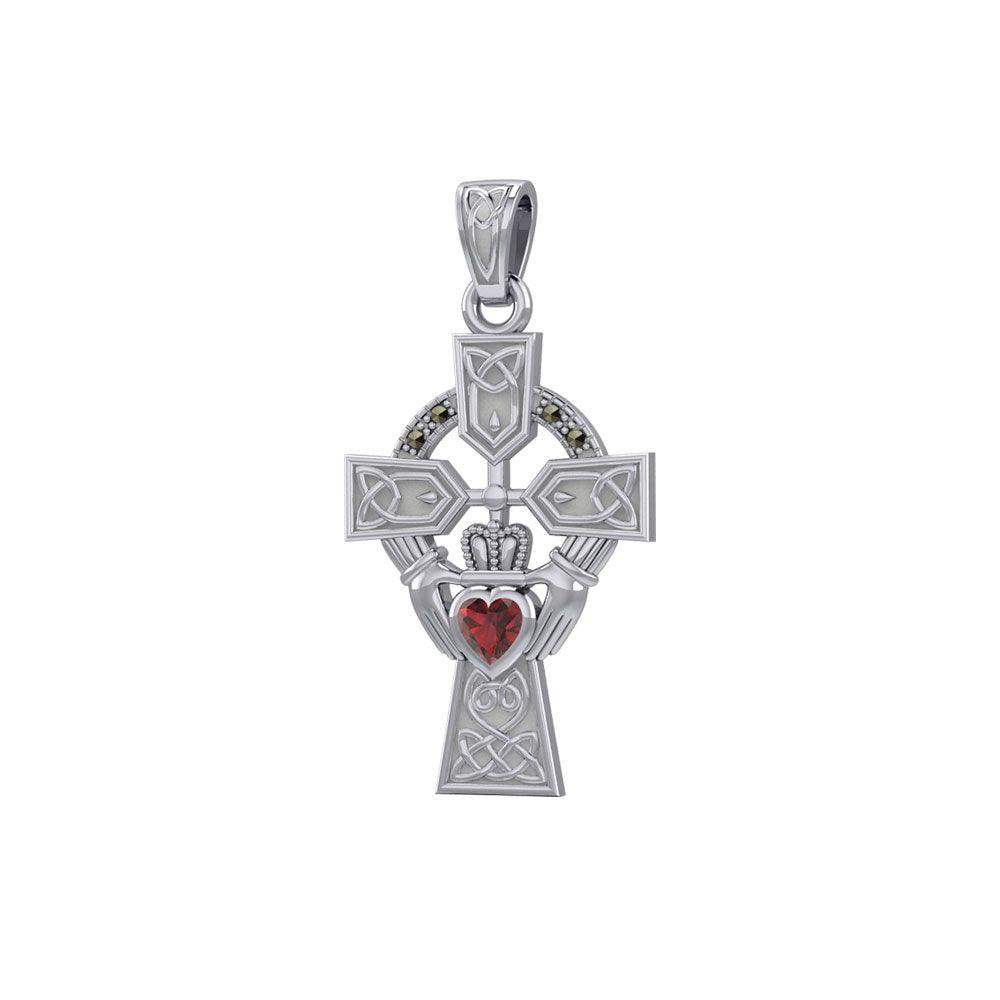 Celtic Cross and Irish Claddagh 14K White Gold Pendant with Heart Gemstone WPD5340 - Jewelry