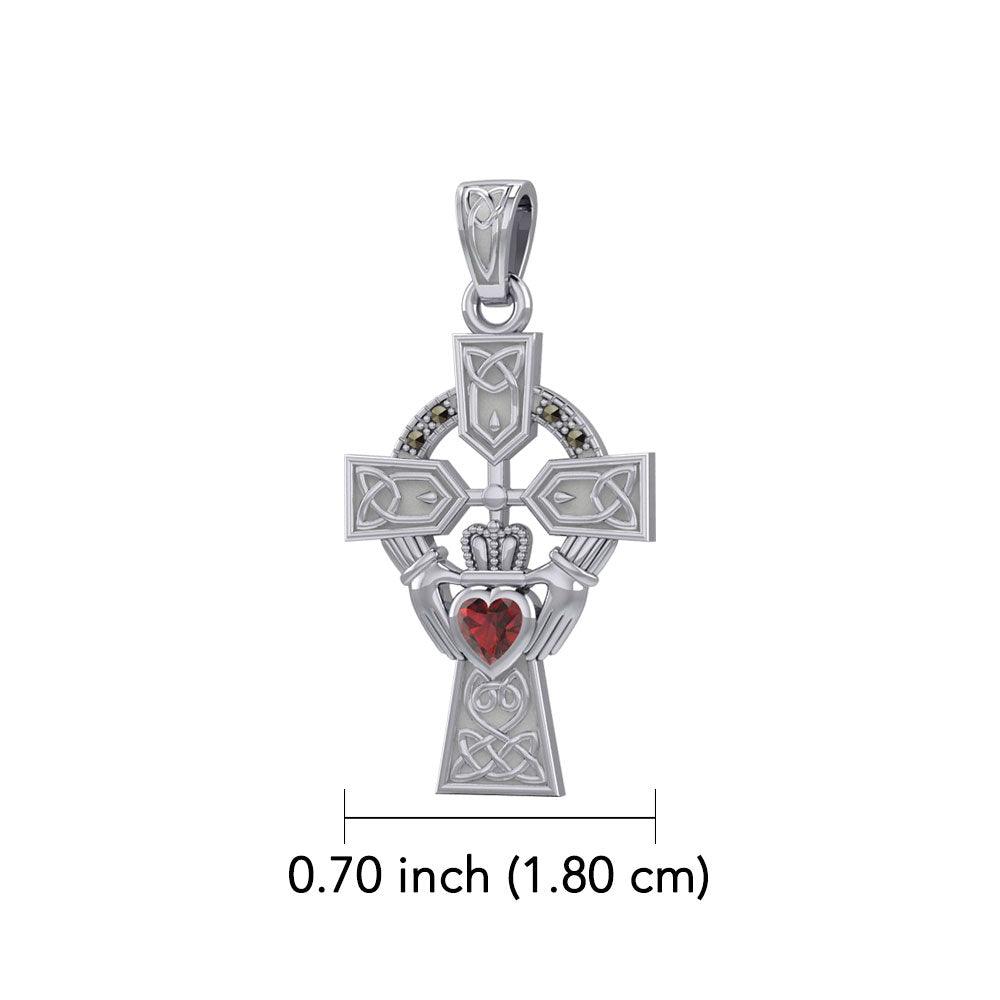 Celtic Cross and Irish Claddagh 14K White Gold Pendant with Heart Gemstone WPD5340 - Jewelry