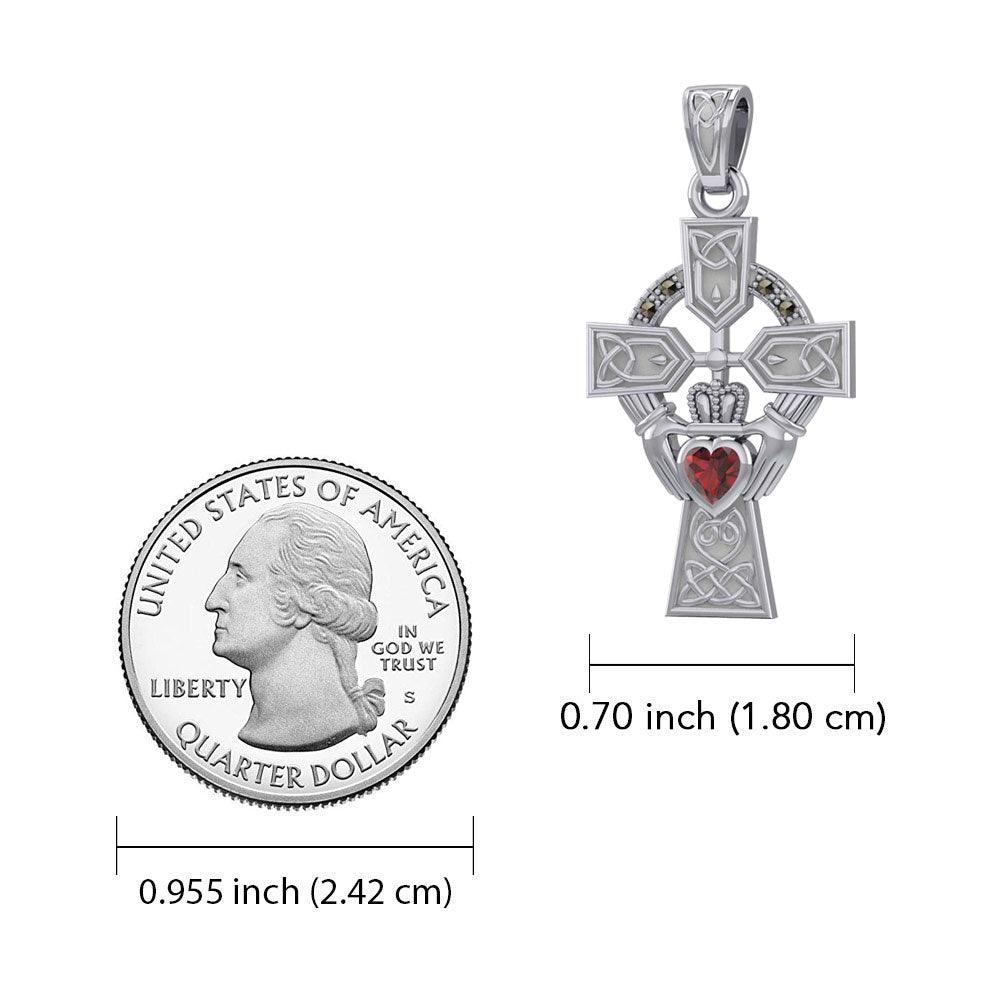 Celtic Cross and Irish Claddagh 14K White Gold Pendant with Heart Gemstone WPD5340 - Jewelry