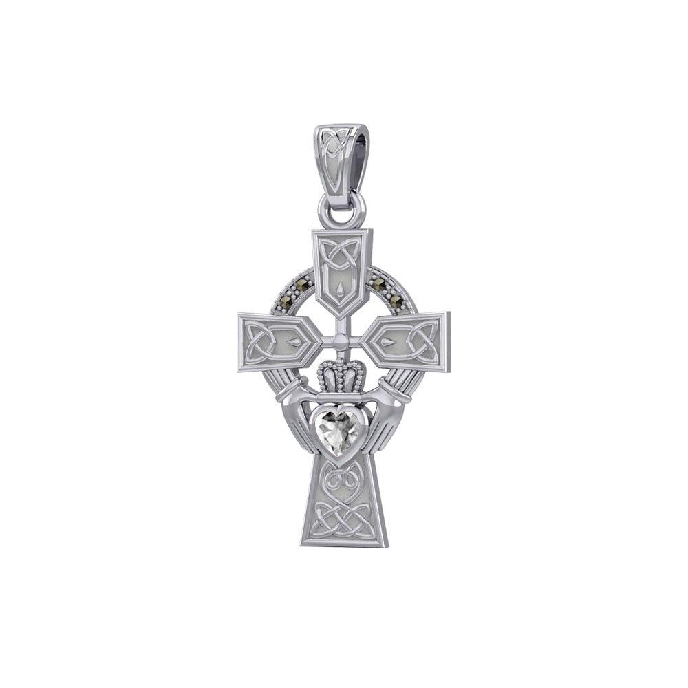 Celtic Cross and Irish Claddagh 14K White Gold Pendant with Heart Gemstone WPD5340 - Jewelry