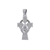 Celtic Cross and Irish Claddagh 14K White Gold Pendant with Heart Gemstone WPD5340 - Jewelry