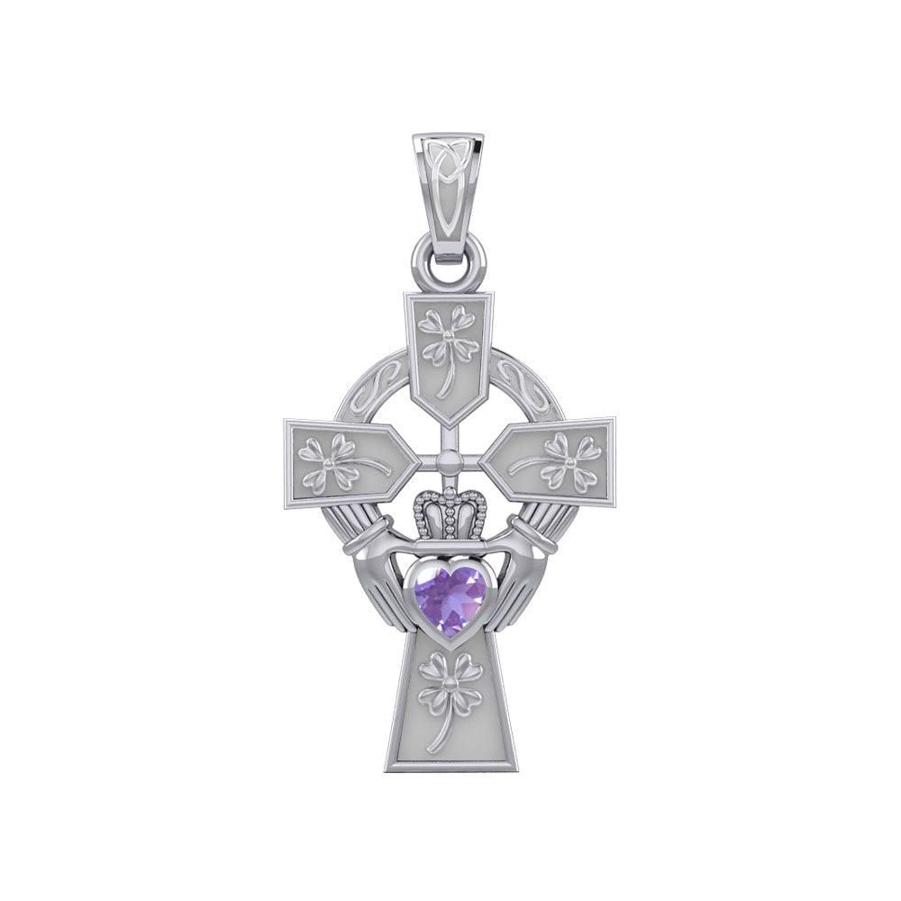 Claddagh Celtic Cross with Lucky Four Leaf Clover 14K White Gold Pendant WPD5359 - Jewelry