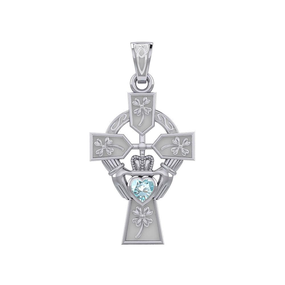 Claddagh Celtic Cross with Lucky Four Leaf Clover 14K White Gold Pendant WPD5359 - Jewelry