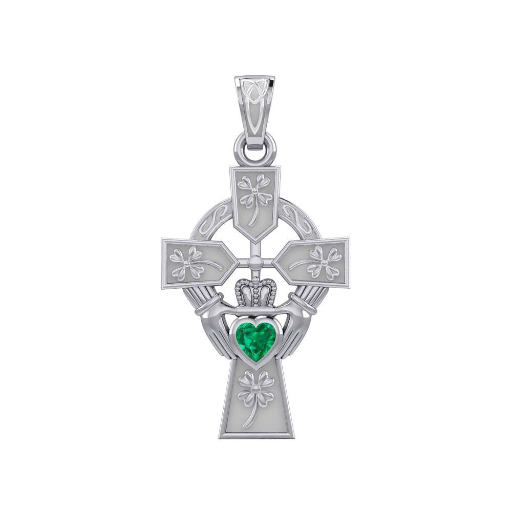 Claddagh Celtic Cross with Lucky Four Leaf Clover 14K White Gold Pendant WPD5359 - Jewelry
