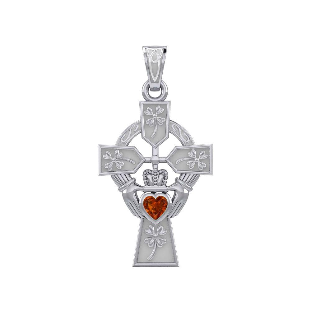 Claddagh Celtic Cross with Lucky Four Leaf Clover 14K White Gold Pendant WPD5359 - Jewelry