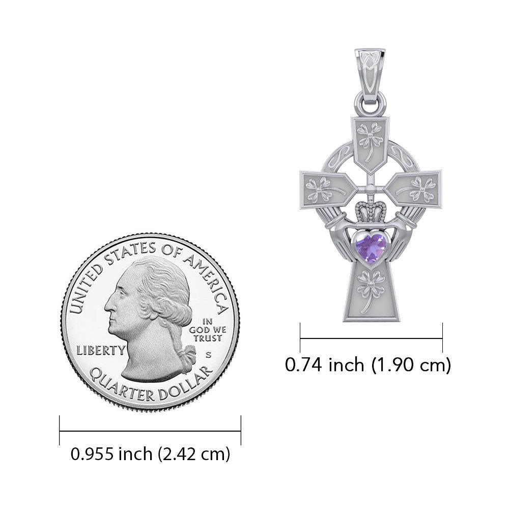Claddagh Celtic Cross with Lucky Four Leaf Clover 14K White Gold Pendant WPD5359 - Jewelry