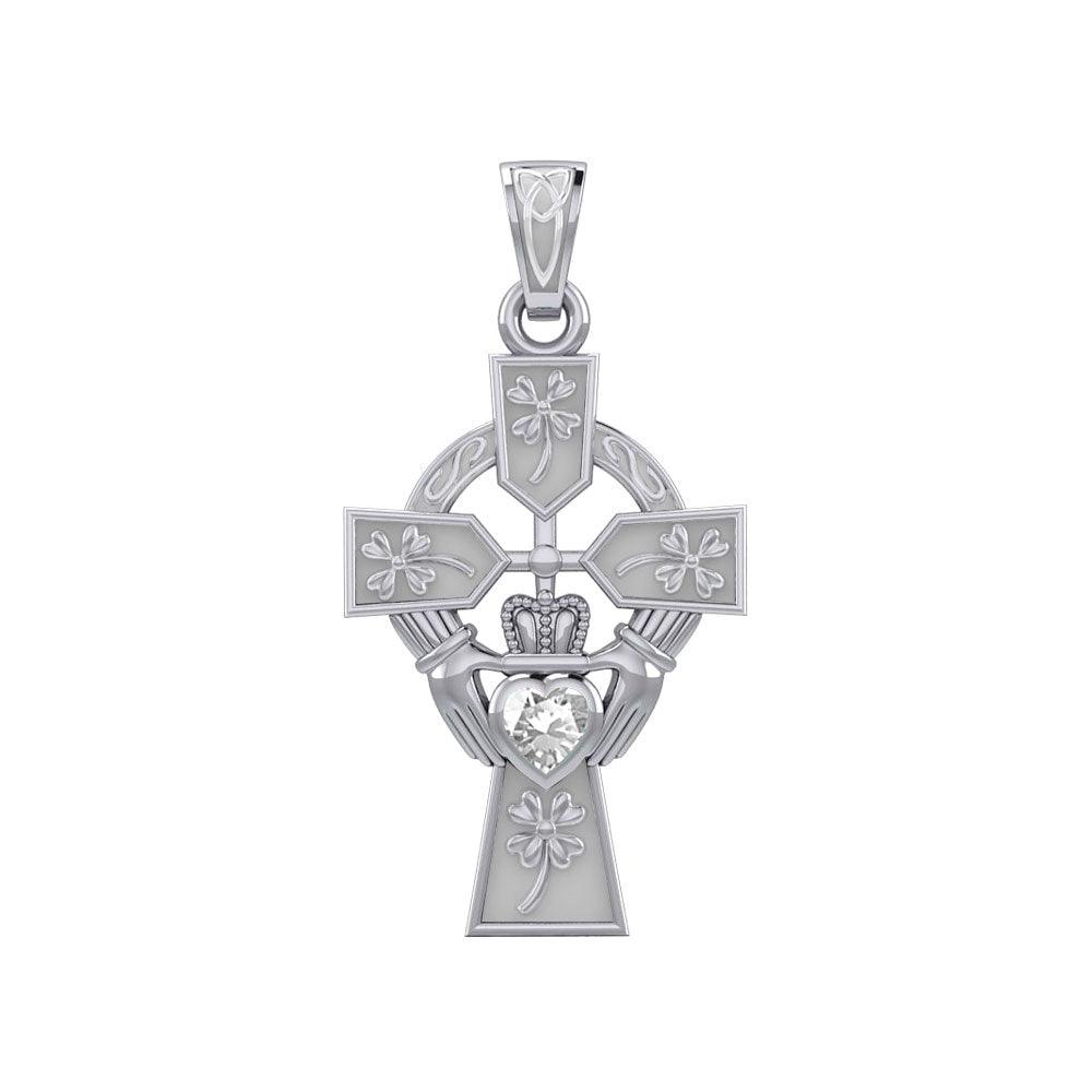 Claddagh Celtic Cross with Lucky Four Leaf Clover 14K White Gold Pendant WPD5359 - Jewelry
