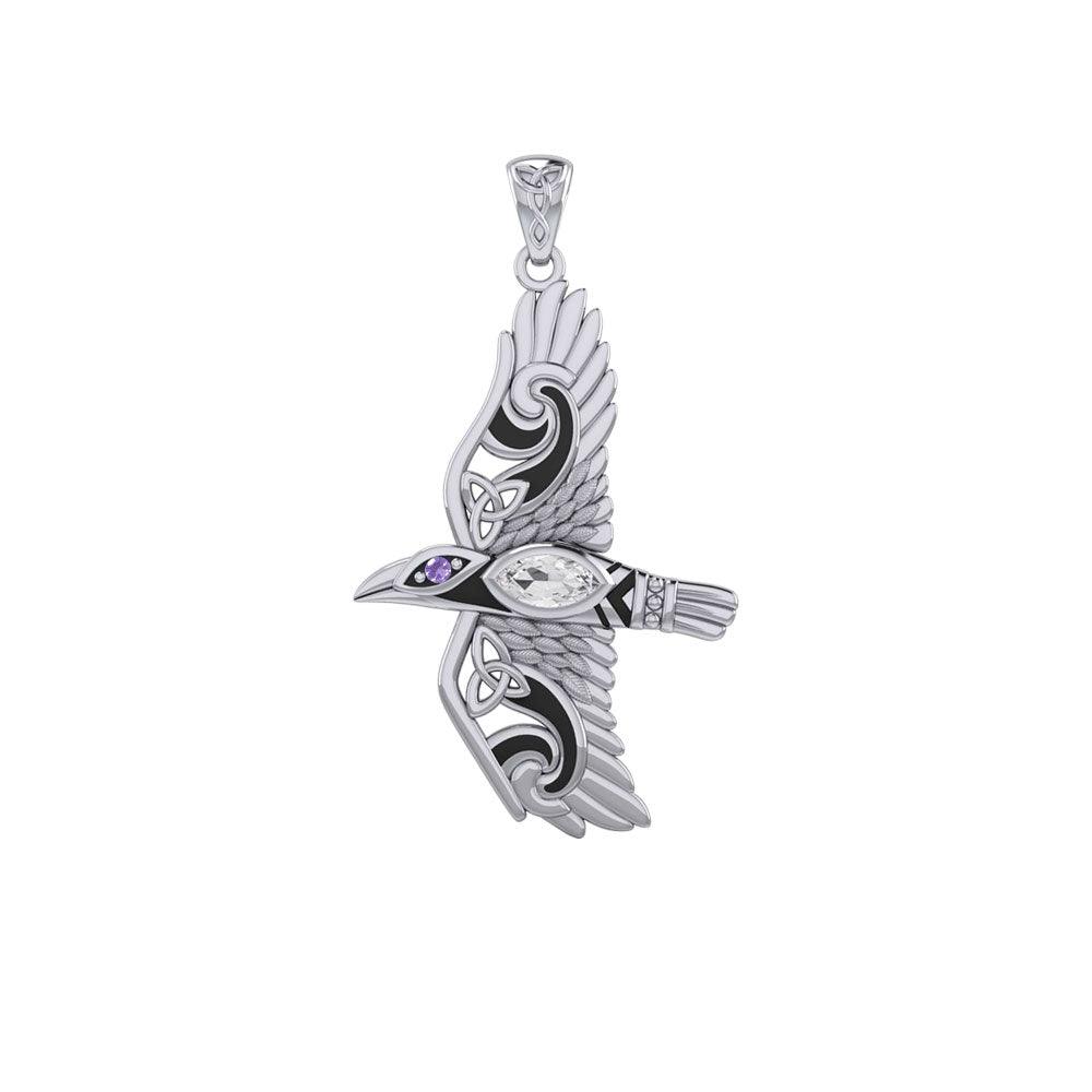Mythical Raven 14K White Gold Jewelry Pendant with Gemstone WPD5382 - Jewelry