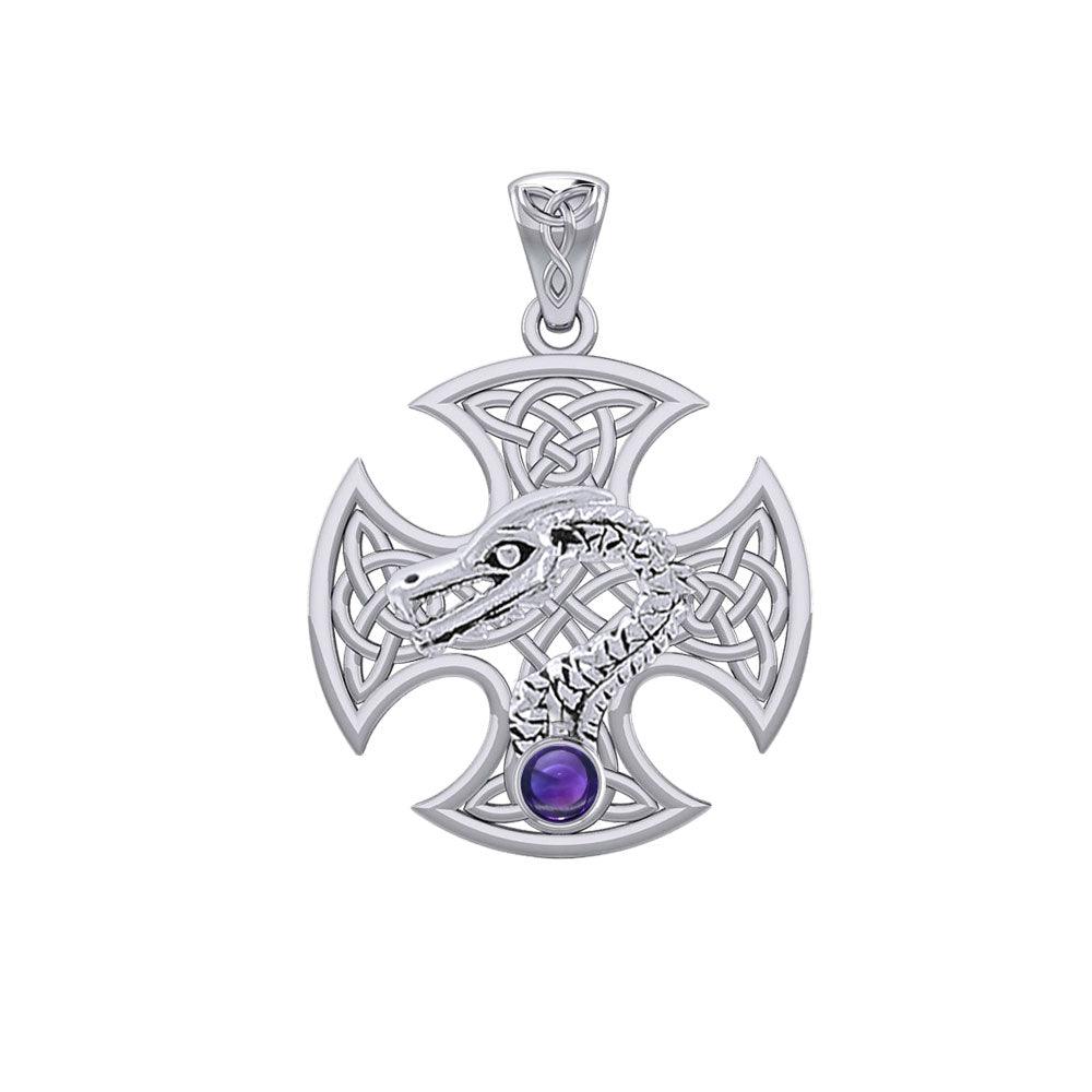 Dragon with Celtic Cross 14K White Gold Pendant WPD5818 - Jewelry