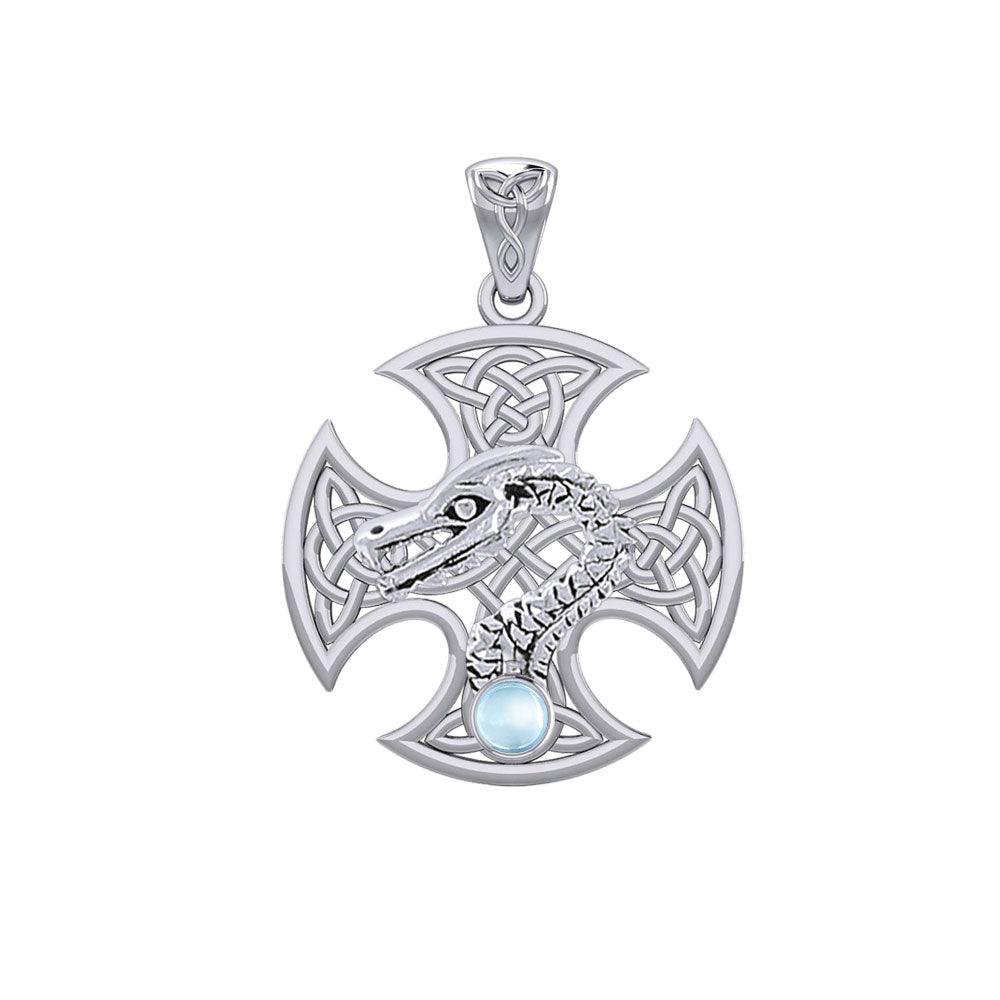 Dragon with Celtic Cross 14K White Gold Pendant WPD5818 - Jewelry