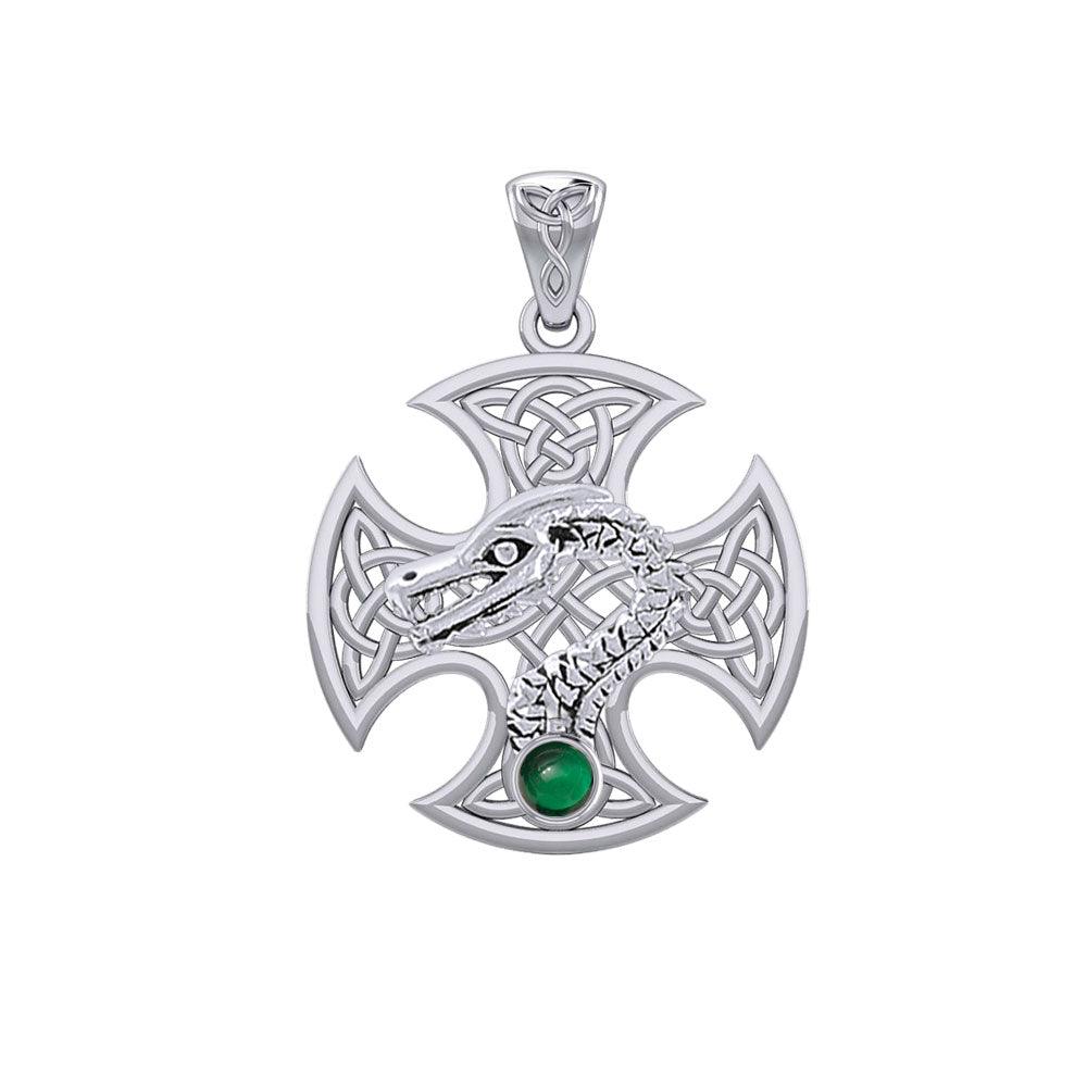 Dragon with Celtic Cross 14K White Gold Pendant WPD5818 - Jewelry