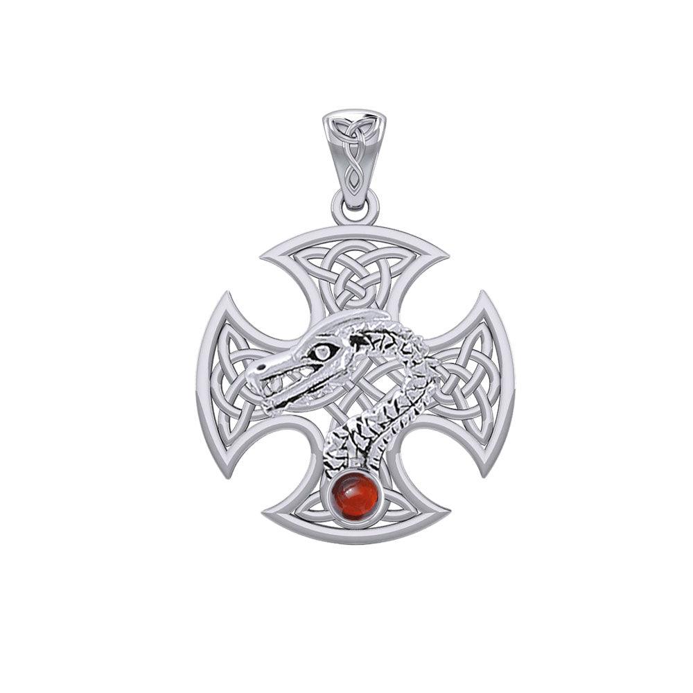 Dragon with Celtic Cross 14K White Gold Pendant WPD5818 - Jewelry