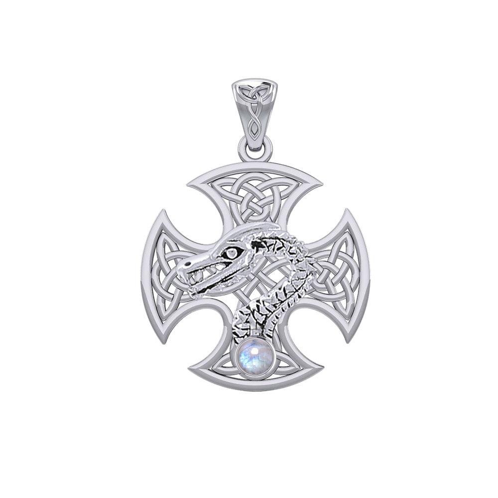 Dragon with Celtic Cross 14K White Gold Pendant WPD5818 - Jewelry