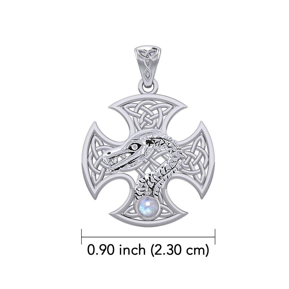 Dragon with Celtic Cross 14K White Gold Pendant WPD5818 - Jewelry