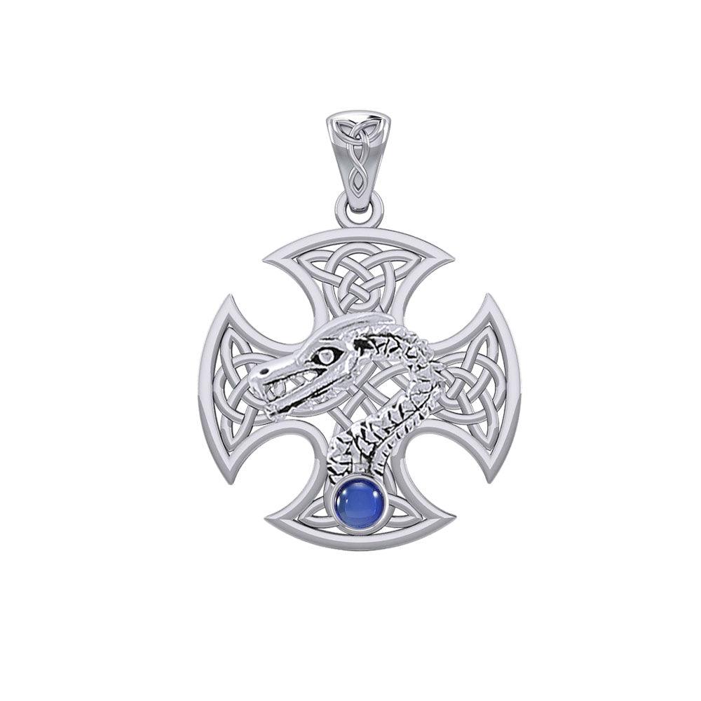 Dragon with Celtic Cross 14K White Gold Pendant WPD5818 - Jewelry