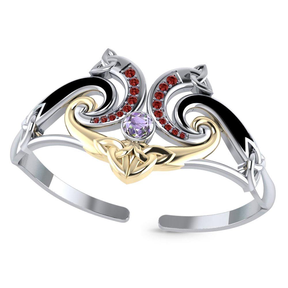A showcase of Celtic elegance ~ Sterling Silver Celtic Triquetra Bangle with Gold Accent and Gemstone MBA049 - Jewelry