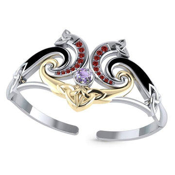 A showcase of Celtic elegance ~ Sterling Silver Celtic Triquetra Bangle with Gold Accent and Gemstone MBA049 - Jewelry