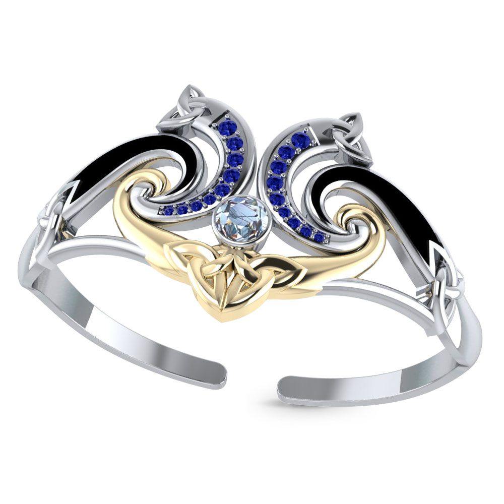 A showcase of Celtic elegance ~ Sterling Silver Celtic Triquetra Bangle with Gold Accent and Gemstone MBA049 - Jewelry