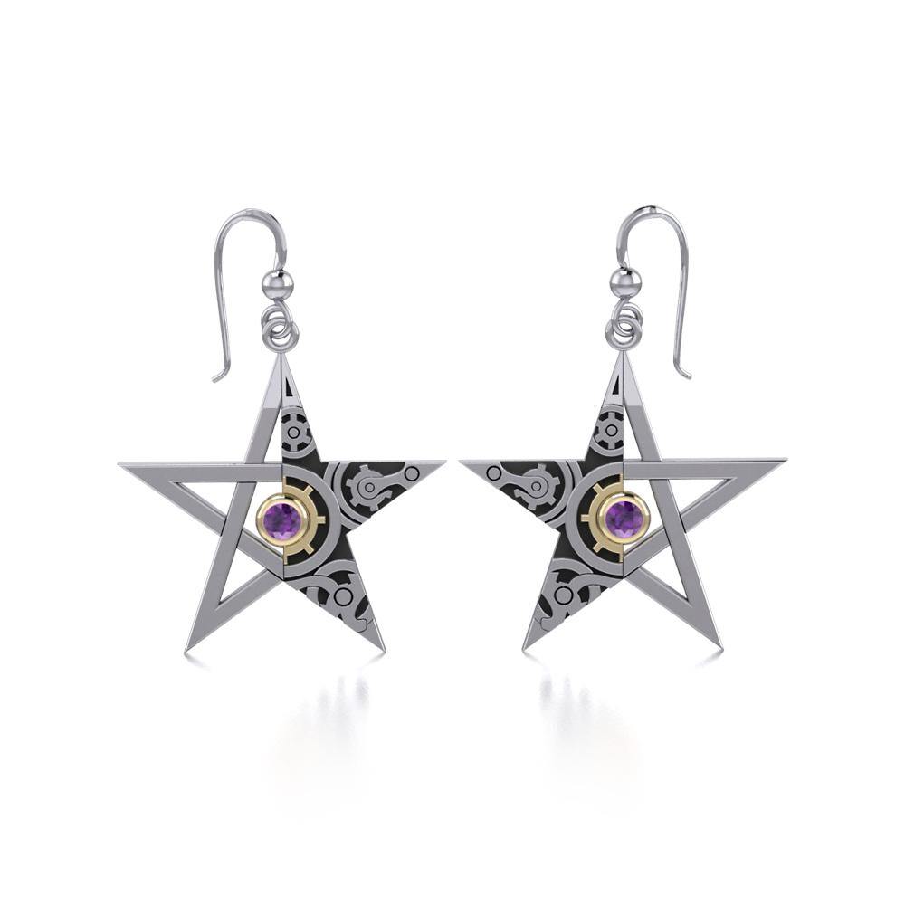 Pentacle Steampunk Silver and Gold Earrings MER1353 - Jewelry