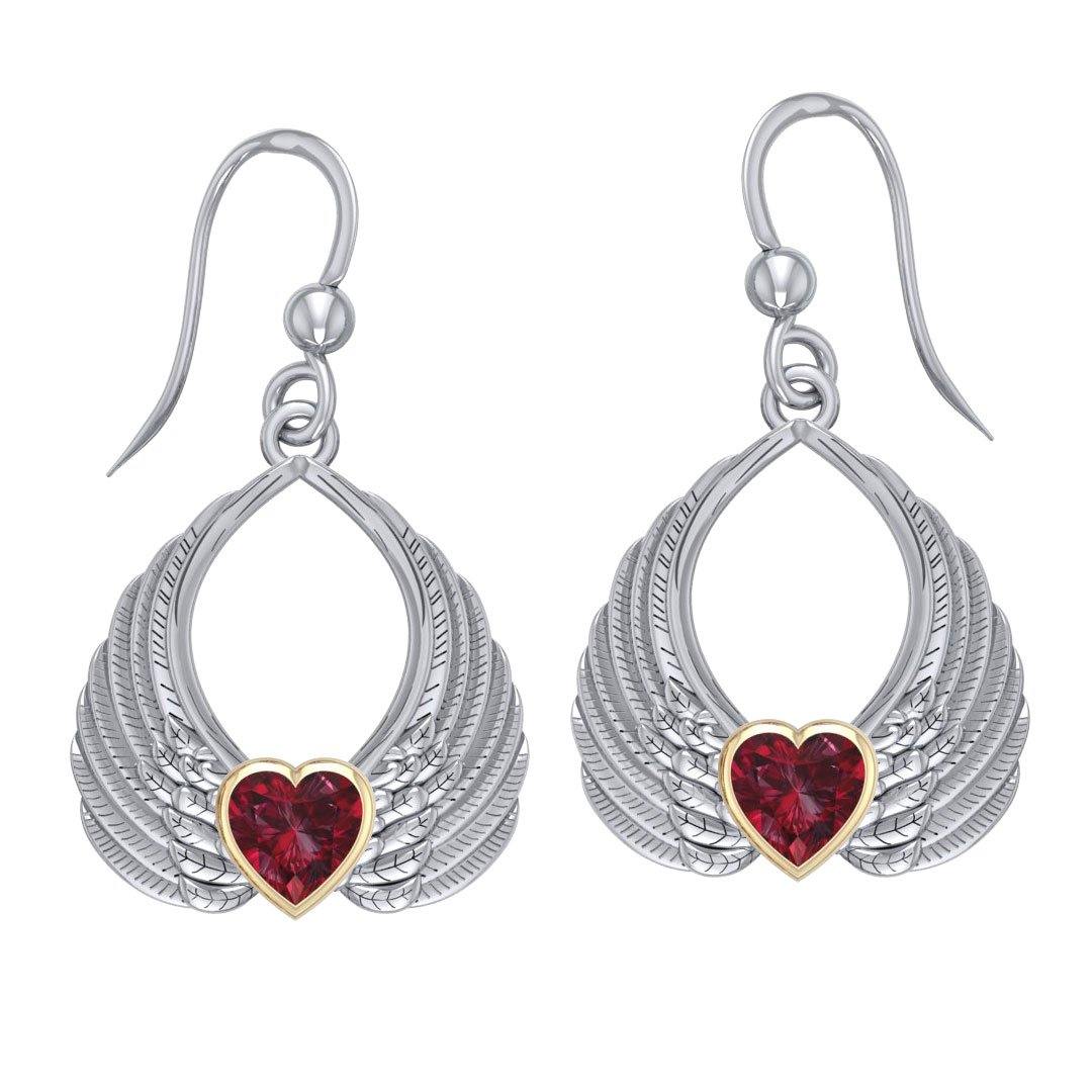 Gemstone Heart Angel Wings Silver and 14K Gold Accent Earrings MER1723 - Jewelry