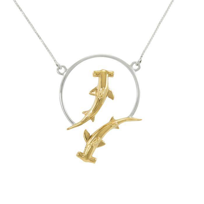 Double Hammerhead Shark Sterling Silver and Gold Accent Necklace MNC434P - Jewelry