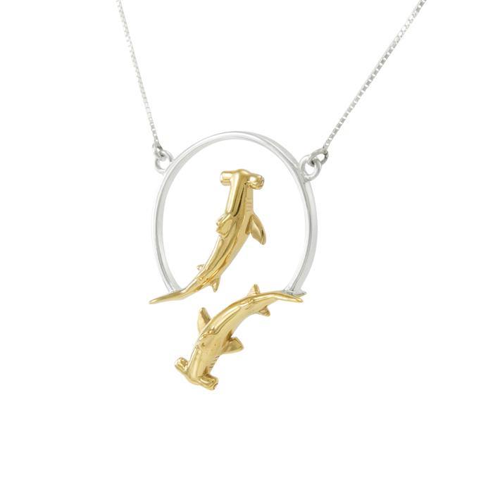 Double Hammerhead Shark Sterling Silver and Gold Accent Necklace MNC434P - Jewelry