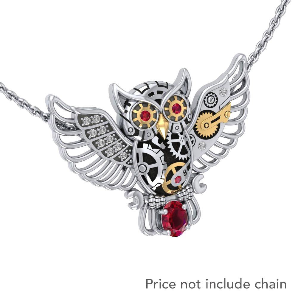 Steampunk Owl Silver and Gold Pendant with Gemstone MPD5070 - Jewelry