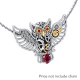 Steampunk Owl Sterling Silver and 14K Gold Accent Pendant with Gemstone MPD5070